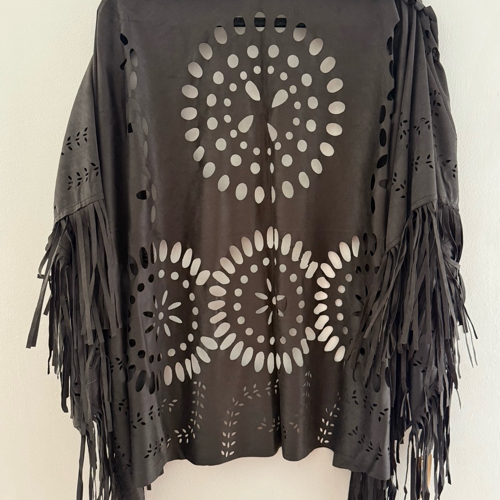 Raj Black Boho Cutout Fringe Shawl - Picture 3 of 8